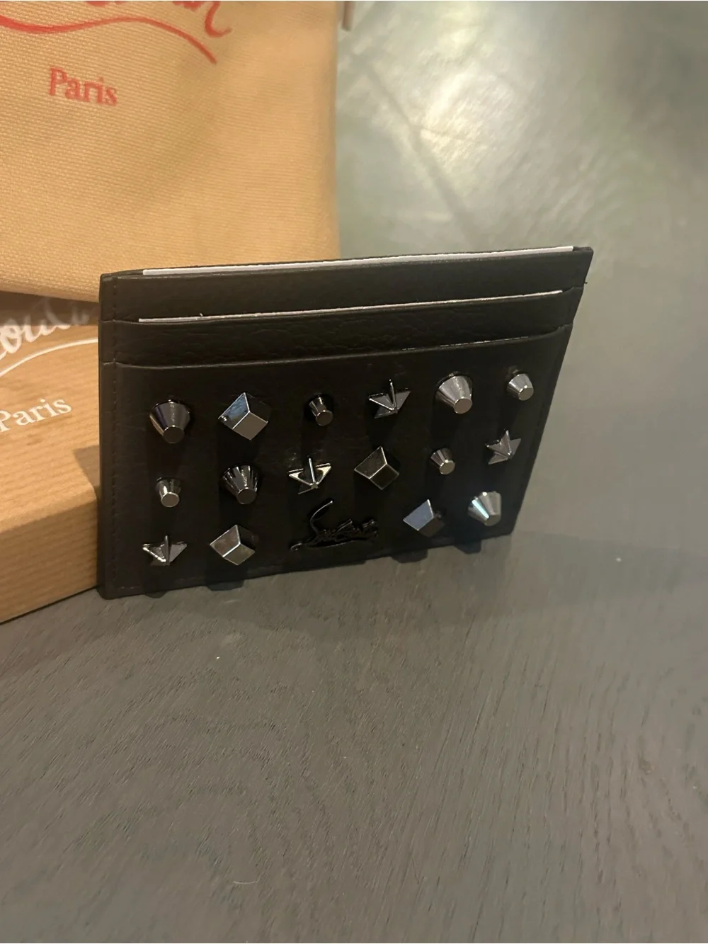 NWT Christian Louboutin Black Studded Leather Card Holder w/ Box & Dust Bag